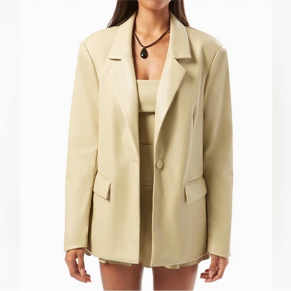 WEWOREWHAT Women’s Downtown Blazer Vegan Leather size M jacket Oat Sage Grn EUC - Picture 3 of 17